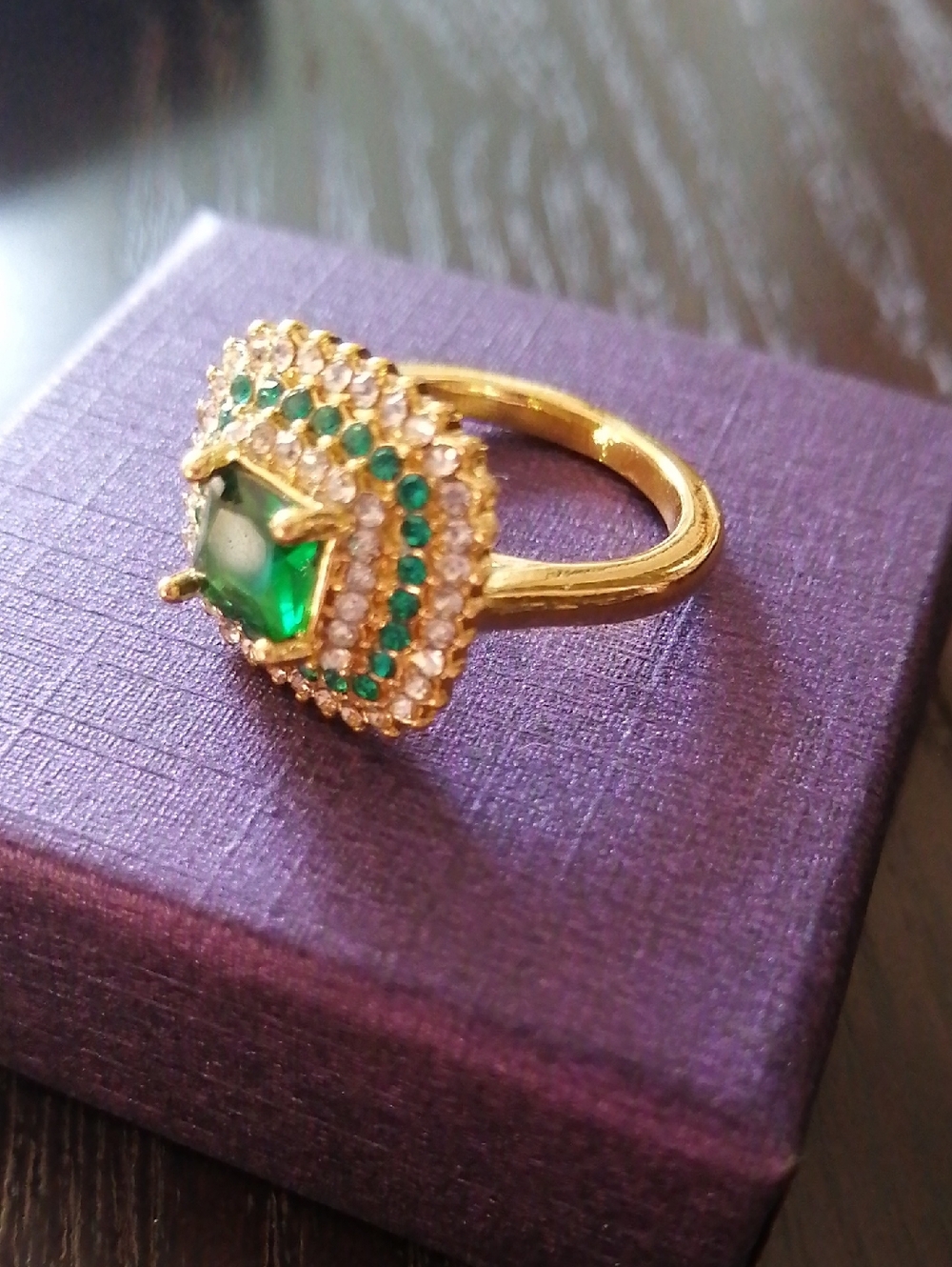 Emerald Green And Clear Crystals 18 K Gold Plated Ring Size 6.75